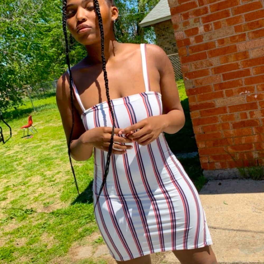 Red striped white spaghetti strap slit dress